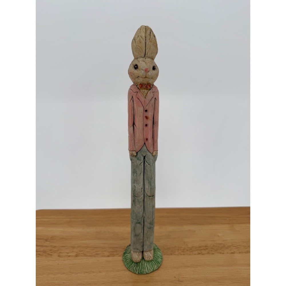 Skinny Pencil Bunny Figurine Rabbit Pink Jacket Suit Easter Folk Art Resin